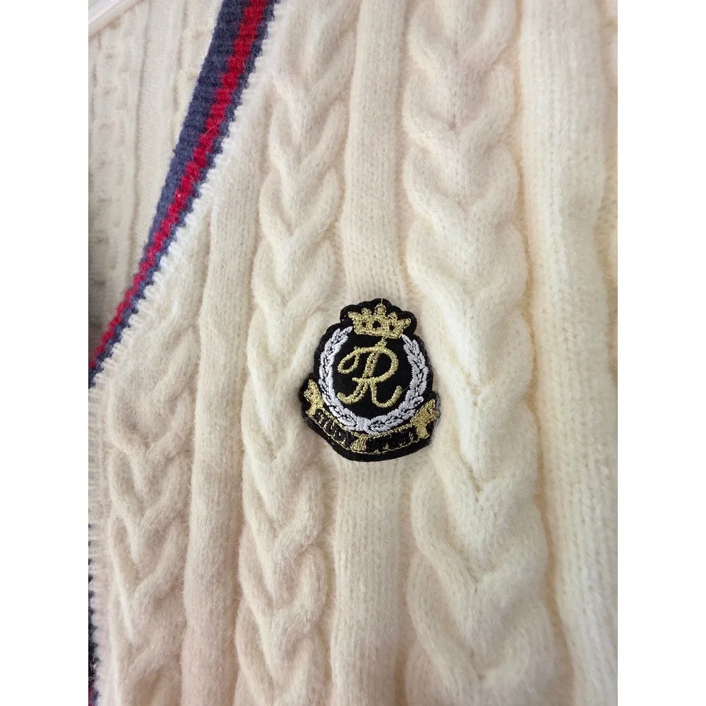 Womens Cable Knit Cardigan Sweater Cream Navy Red Gold Buttons Preppy Size L